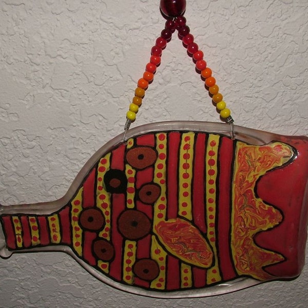 Fish Wall Art - Fused Yellow and Red from a Recycled Bottle