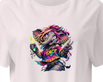Top corto de elefante para festivales, camiseta colorida de animales para festivales, regalo de humor negro para ella, camiseta única de elefante hippie, regalo divertido para chicas festivaleras