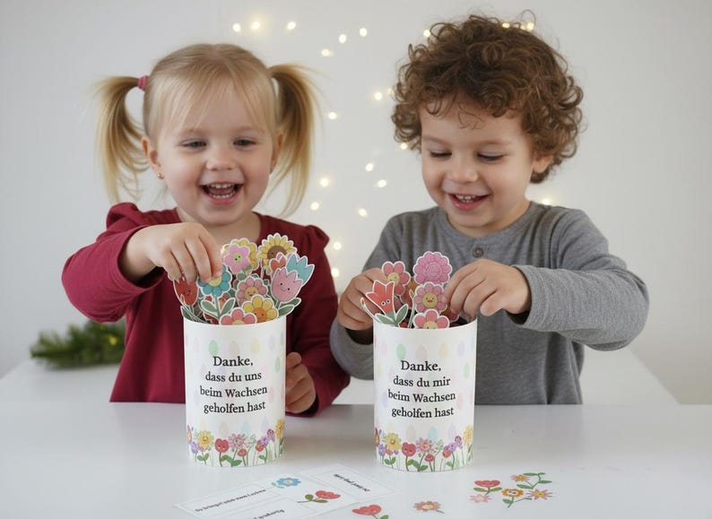 May include: Two children smiling and holding flower-shaped cards. Each child is holding a white cylinder decorated with flowers and text in German. The text reads "Danke, dass du uns beim Wachsen geholfen hast."
