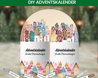 Duplo Banderolen Adventskalender Häuser – DIY Winterdorf zum Ausdrucken – Personalisierbar Canva – Bastelvorlage Weihnachten PDF