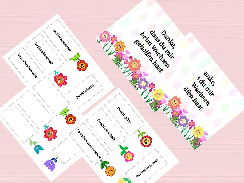 May include: White cards with German text and colorful flower illustrations. The cards feature phrases like "You are wonderful" and "Thank you for helping me grow." The design includes various flowers and a pastel background.