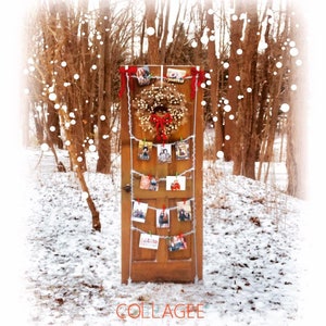 May include: A wooden door decorated with a wreath and Christmas cards hanging from a string of lights in a snowy forest setting.