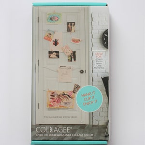 May include: A white door with a white string hanging across it. The string is holding up various items, including artwork, photos, letters, cards, and mementos. The text on the box reads "GREAT FOR: Artwork, Photos, Letters, Cards, Mementos. HANG IT CLIP IT ENJOY IT. COLLAGEE&reg; OVER THE DOOR ADJUSTABLE COLLAGE SYSTEM."