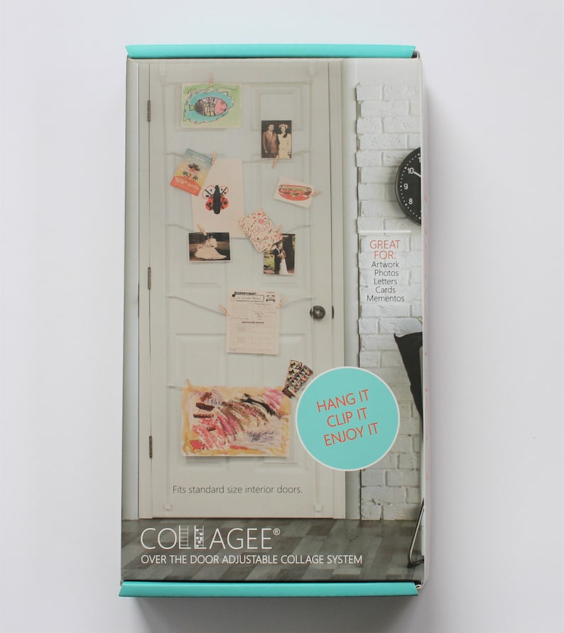 May include: A white door with a white string hanging across it. The string is holding up various items, including artwork, photos, letters, cards, and mementos. The text on the box reads "GREAT FOR: Artwork, Photos, Letters, Cards, Mementos. HANG IT CLIP IT ENJOY IT. COLLAGEE&reg; OVER THE DOOR ADJUSTABLE COLLAGE SYSTEM."