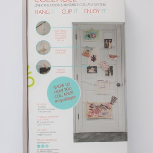 May include: White box with a blue and green design. The box features a photo of a door with a collage of pictures hanging on it. The text on the box reads "COLLAGEE&reg; OVER THE DOOR ADJUSTABLE COLLAGE SYSTEM HANG IT CLIP IT ENJOY IT." The box also includes a list of features and instructions for using the product.