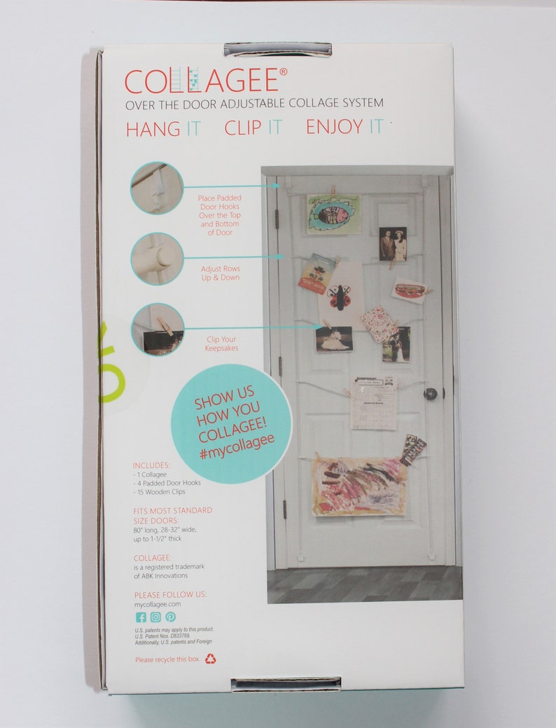 May include: White box with a blue and green design. The box features a photo of a door with a collage of pictures hanging on it. The text on the box reads "COLLAGEE&reg; OVER THE DOOR ADJUSTABLE COLLAGE SYSTEM HANG IT CLIP IT ENJOY IT." The box also includes a list of features and instructions for using the product.