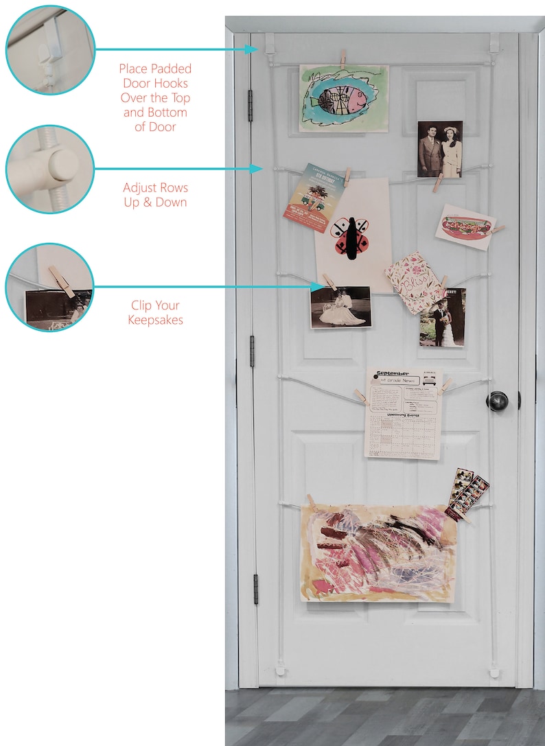 May include: White door with a white string hanging across it. The string is attached to two white hooks at the top and bottom of the door.  The string has several clothespins holding up various pictures and papers.