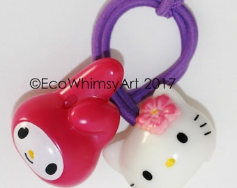 Hello Kitty My Melody Pez Dispenser Head Hair Bobbles.Pony Tail Holder.Elastic Hair Tie.Fun.Upcycled.Repurposed.