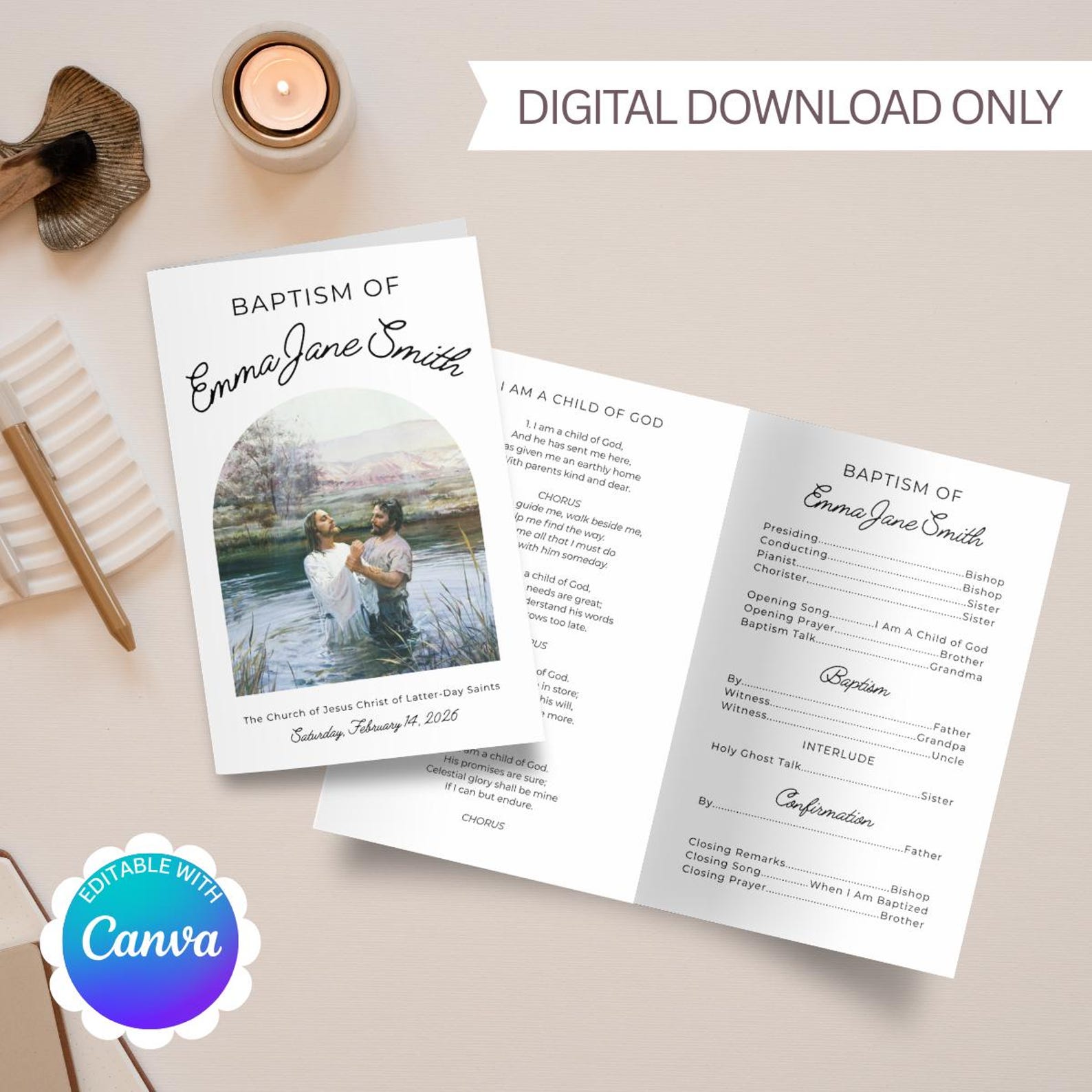 Simple Baptism Program LDS Minimalist Baptism Program Template | Simple and Easy Editable ...