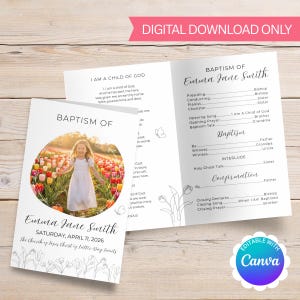 Puede incluir: Una plantilla de invitación de bautizo con el texto "Bautizo de Emma Jane Smith" y una foto de una niña en un campo de flores. La plantilla incluye secciones para rellenar y el texto "Solo descarga digital."