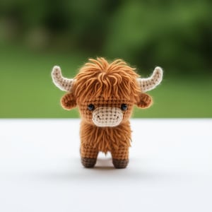 Op de afbeelding: Een handgemaakte gehaakte Highland-koeienfiguur. Het kleine, pluche speelgoed heeft een harige, lichtbruine body, een beige snuit en kleine, gebogen hoorns. De koe heeft donkere ogen en staat op een wit oppervlak met een vage groene achtergrond.