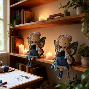 May include: Two handmade crochet fairy dolls with blue butterfly wings, brown hair, and blue dresses sit on a wooden shelf. The dolls are surrounded by candles, books, and plants, creating a cozy, whimsical scene.