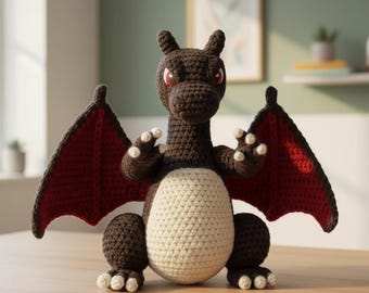 May include: A crocheted dragon figurine with a brown body, red wings, and a cream-colored belly. The dragon has white claws and red eyes. The wings are a deep red with a dark brown border. The dragon is sitting on a wooden surface.