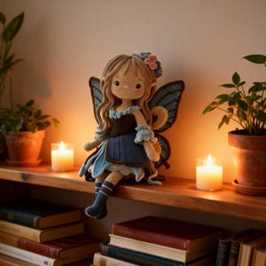 May include: A handmade crochet fairy doll with brown hair, blue wings, and a blue dress. The doll is sitting on a wooden shelf with books and candles. The fairy has a flower in her hair and is wearing blue boots.