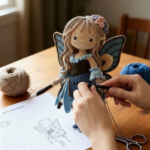 Può includere: Una bambola fata all'uncinetto fatta a mano con lunghi capelli castani, ali blu e un vestito blu e marrone. La bambola viene lavorata all'uncinetto con filo blu, un uncinetto e forbici su un tavolo di legno. Sono visibili anche un gomitolo di lana e un modello.