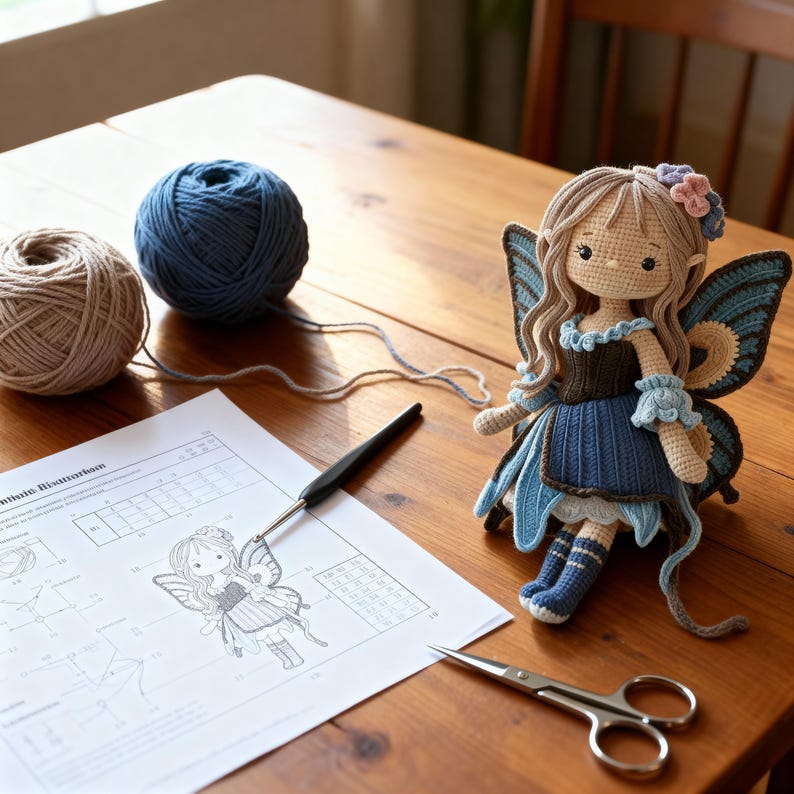 May include: A handmade crochet fairy doll with blue wings and a blue dress sits on a wooden table. Two balls of yarn, a crochet hook, scissors, and a pattern are also on the table. The doll has long, wavy hair and a flower crown.