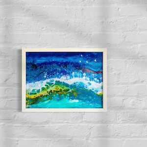 Dipinto acrilico costiero incorniciato su legno / Arte astratta del paesaggio marino
