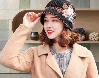 Gorro de punto vintage con estampado floral para mujer / Gorro de pescador de ganchillo suave y cálido / Gorro de invierno elegante / Gorro de moda boho para exteriores