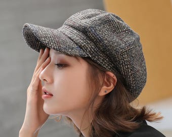 Gorro de invierno estilo Newsboy para mujer / Boina de pintor vintage con visera / Gorro grueso y cálido de otoño / Gorro de viaje de moda para mujer