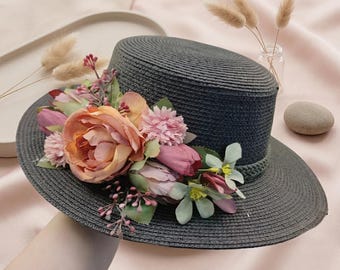 Damesbloemenstro-zonnehoed - zomerstrand platte vissershoed, ademende zonneschermhoed, outdoor reispet, elegante lentemodehoed