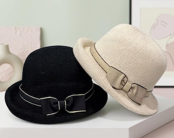 Bow Curling Sun Hat for Women – Summer Breathable Bucket Hat, Japanese Travel Fisherman Hat, Elegant Wedding & Party Sunshade Hat