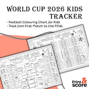 May include: Two black and white printable sheets titled World Cup 2026 Kids Tracker. The charts feature football-themed graphics, including soccer balls, goals, and cleats, with blank spaces for tracking match results from the group stage to the final.