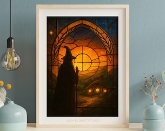 The Light of the Shire – Wizard at Dusk Stained Glass Fantasy Art Print | Shirelight Studio