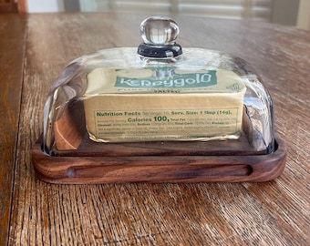 Walnut European Butter Dish With Glass Dome Cloche