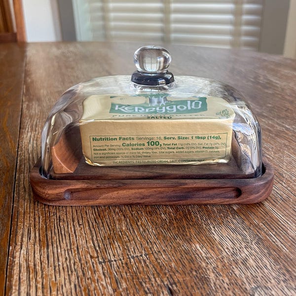 Walnut European Butter Dish With Glass Dome Cloche
