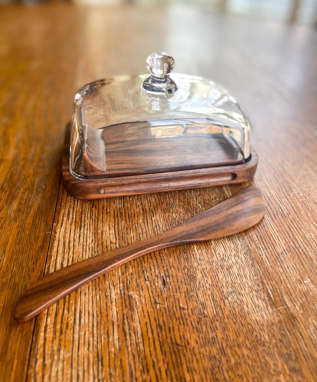 Walnut European Butter Dish With Glass Dome Cloche