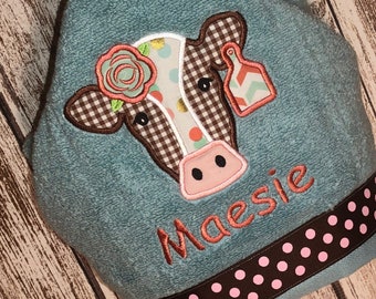 Cow Hooded Towel - bath towel - beach towel - child's towel  gift - shower gift - baby gift - personalized -monogrammed - pool towel