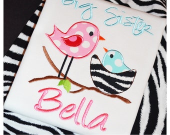 Big Sister Bird Applique Bodysuit or Shirt with monogrammed name