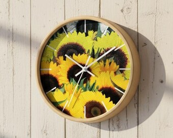 Floral Wall Clock, Sunflower Photo Design, Yellow Sunflower Art, Graphic Art , Vintage Flower Decor, Home Decor, Halftone, Farmhouse