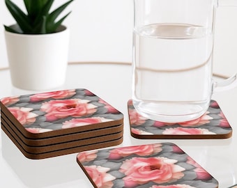 Floral Coaster Set, Modern Pink Rose Hardboard Coaster, Plant Coaster, Floral Pattern Coasters, Gift for Housewarming, Wedding, Mom, Dorm