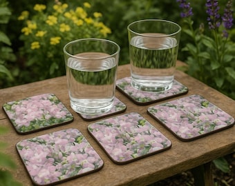 Floral Coaster Set, Pink Orchid Hardboard Coaster, Plant Coaster, Floral Pattern Coasters, Gift for Housewarming, Wedding, Mom, Dorm Room