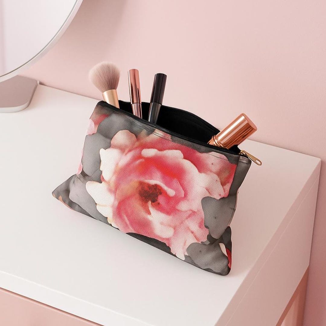 Floral Accessory Pouch, Pink Rose Organizer Bag, Pastel Floral Makeup ...