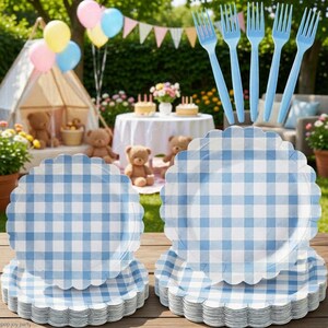 Light Blue Gingham Party Supplies Set: Plates, Napkins, Forks (100 PCS)