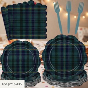 Tartan Plaid Baby Shower Tableware Set, Blue Green Rustic Party Supplies for 24 Guests