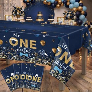 4Pcs Mr Onederful 1st Birthday Tablecloths, Blue Boy First Birthday Party Decor, 51x86.6