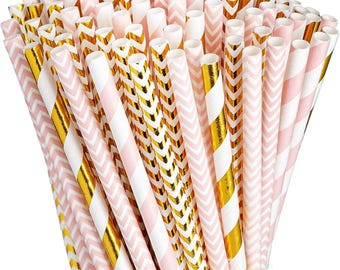 200 Pink & Gold Paper Straws, Party Straws, Birthday Wedding Baby Shower Decor