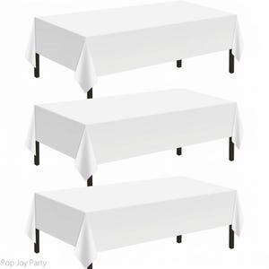 May include: Three rectangular tables covered with solid white tablecloths. Each table features a clean, minimalist drape that hangs evenly over the sides. The text Pop Joy Party is visible in the bottom left corner of the image.