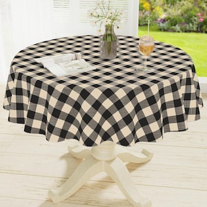 Waterproof Buffalo Check Tablecloth, Round Vinyl Wipeable Table Cover, Black Beige Picnic Decor