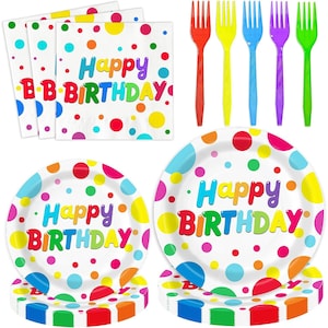 100 Pcs Colorful Polka Dot Birthday Party Tableware Set, Plates, Napkins, Forks, Kids Party