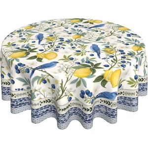 Blue Floral Bird Round Tablecloth, Lemon Toile Farmhouse Dining Cover