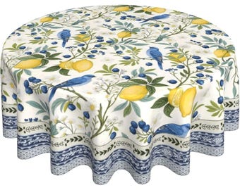 Blue Floral Bird Round Tablecloth, Lemon Toile Farmhouse Dining Cover
