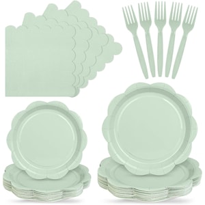 May include: A set of light sage green party supplies including a stack of scalloped edge paper napkins, five plastic forks, and two stacks of scalloped edge paper plates. The items are uniform in color and feature a simple, functional design.