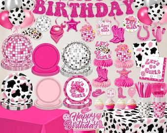 Disco Cowgirl Party Decor Set for 24, Western Birthday Plates, Balloons & Banner