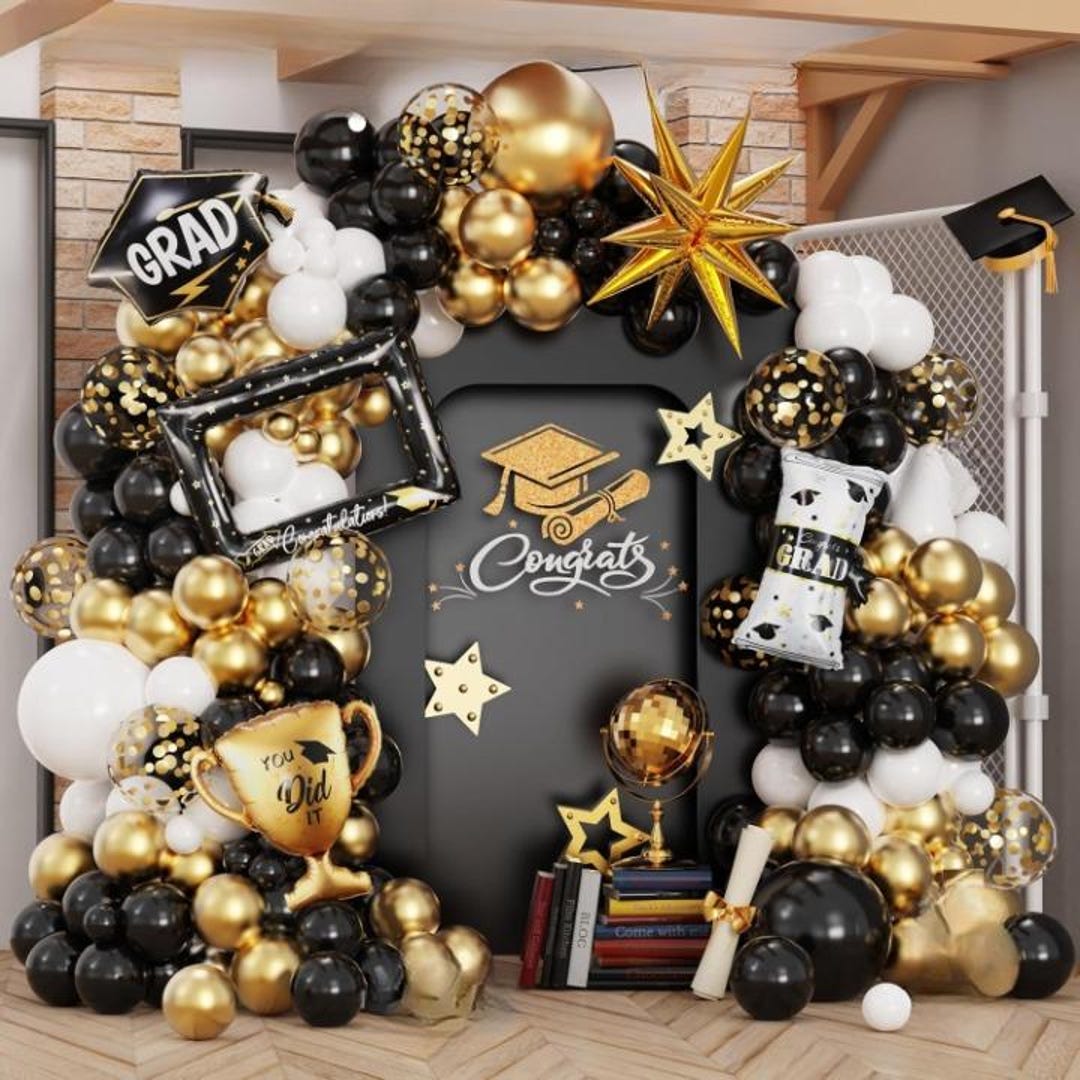 135pcs Graduation Balloon Garland Kit Black Gold White Grad Hat Diploma ...