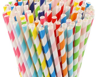 100ct Rainbow Paper Straws, Striped Party Straws, Colorful Drink & Craft Supplies
