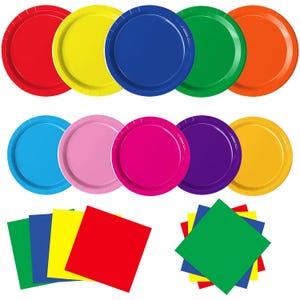 May include: A collection of ten round paper plates in red, yellow, blue, green, orange, light blue, light pink, magenta, purple, and gold, accompanied by two sets of square paper napkins in assorted solid colors including red, blue, yellow, and green.